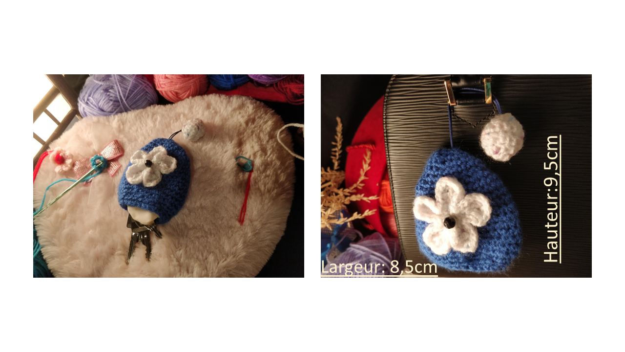 Étuis porte-clés en tricot fait main - Bleu Fleur Blanche